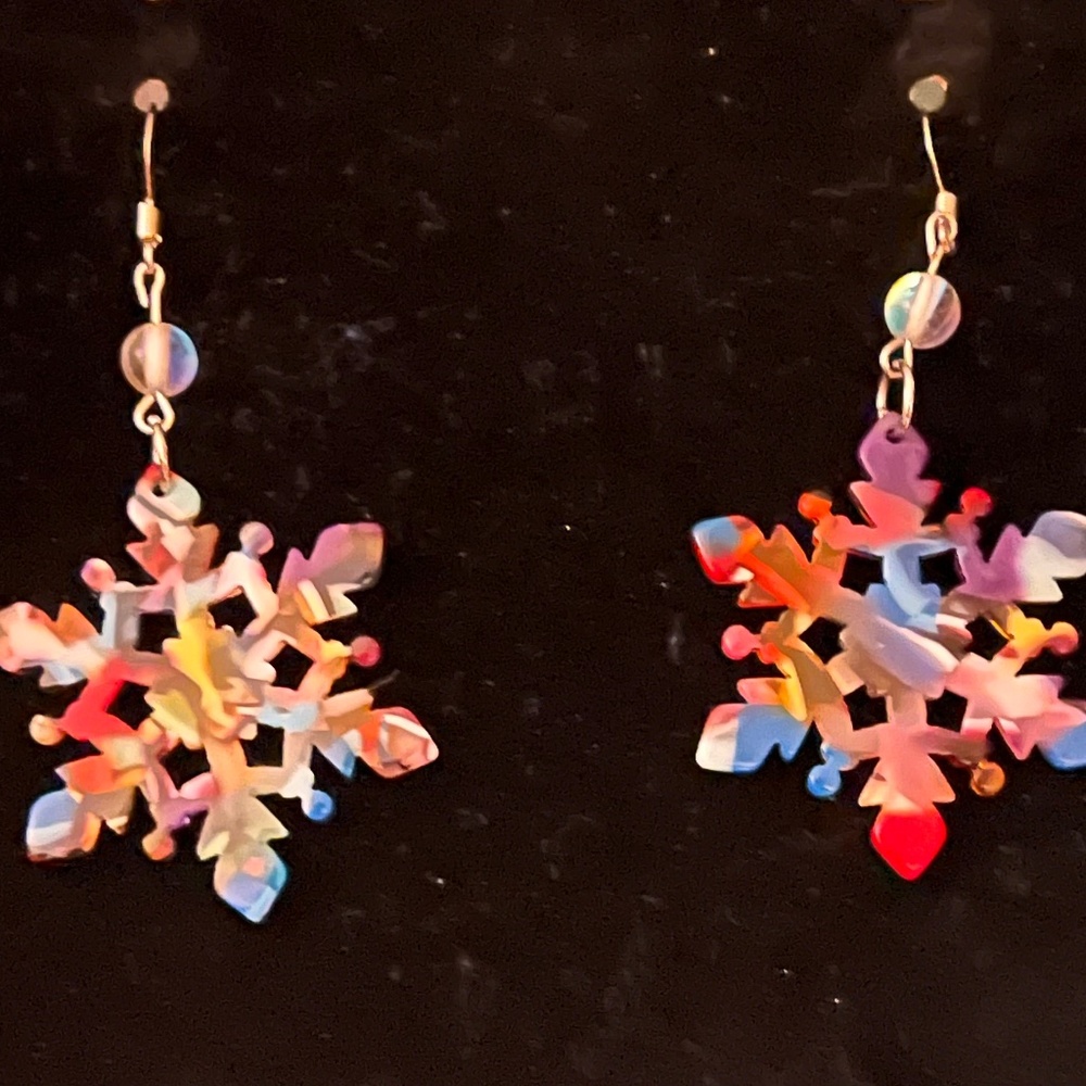 Snowflake acrylic dangle  earrings -multicolored, lightweight plastic